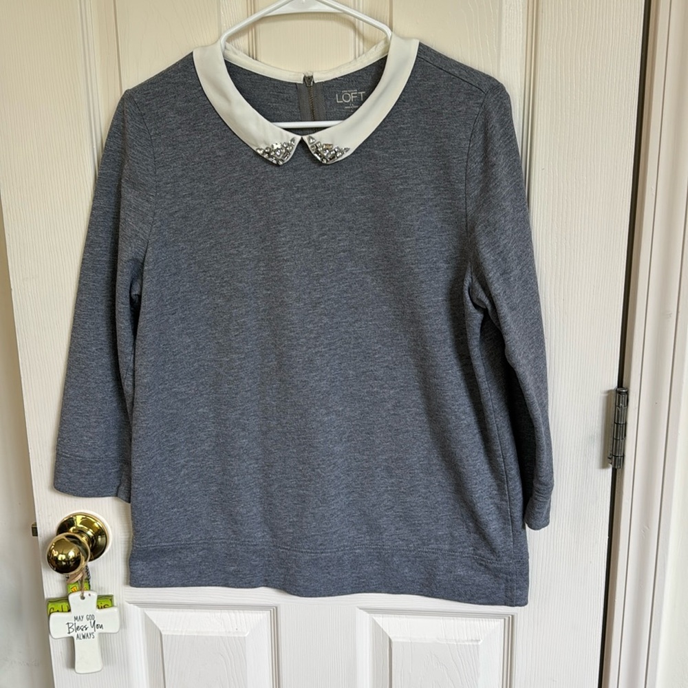 Loft light gray lightweight jeweled collar top